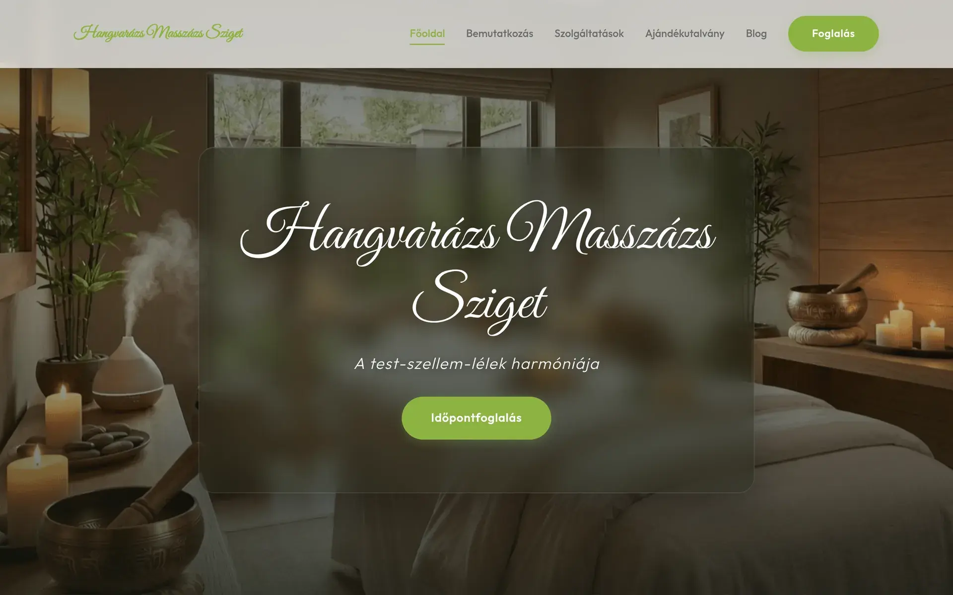 The opening screen of the Hangvarázs Masszázs Sziget website on desktop: the studio’s name on a translucent card, in front of a photograph of the treatment room.