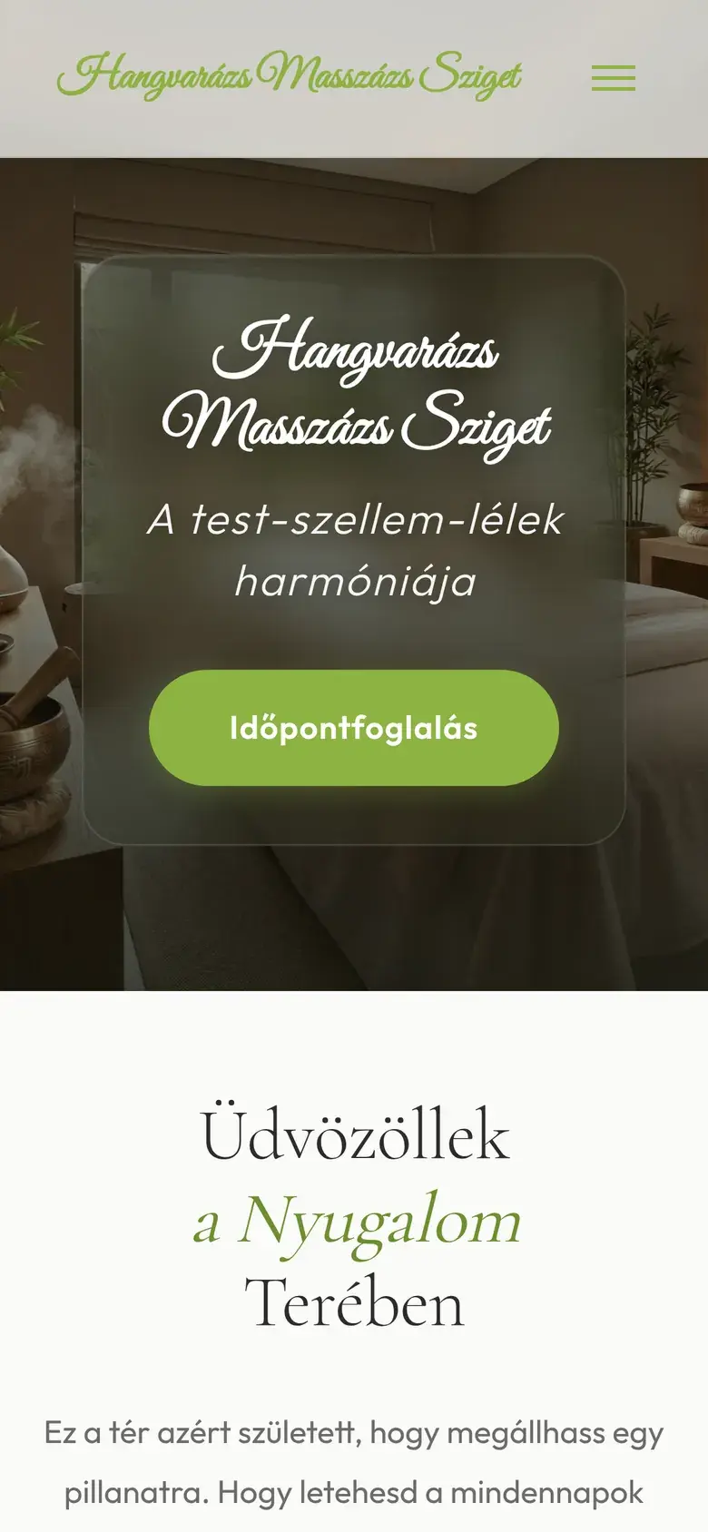 The same opening page on a phone: the logo and menu at the top, then the studio’s name, its motto and the booking button.